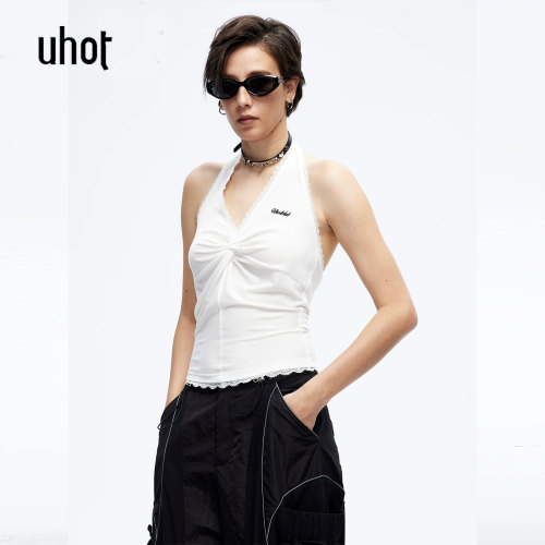 下单立减 uhot | 诱货 女装 正品2026夏装 黑白针织挂脖背心4N456