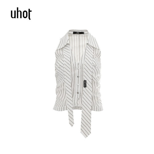 下单立减 uhot | 诱货女装正品26夏装 辣妹条纹无袖衬衫背心5C440