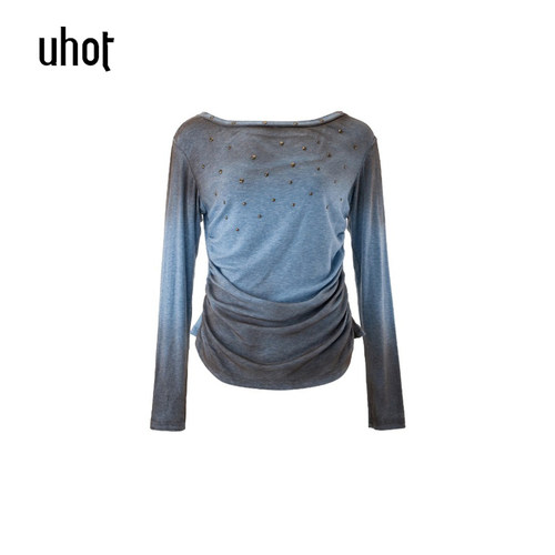 拍下立减 uhot | 诱货女装折扣26秋蓝咖渐变铆钉长袖T恤UWLA1N117