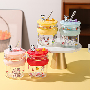 开业活动礼品透明玻璃可爱卡通吸管杯玻璃杯办公室咖啡杯水杯定制