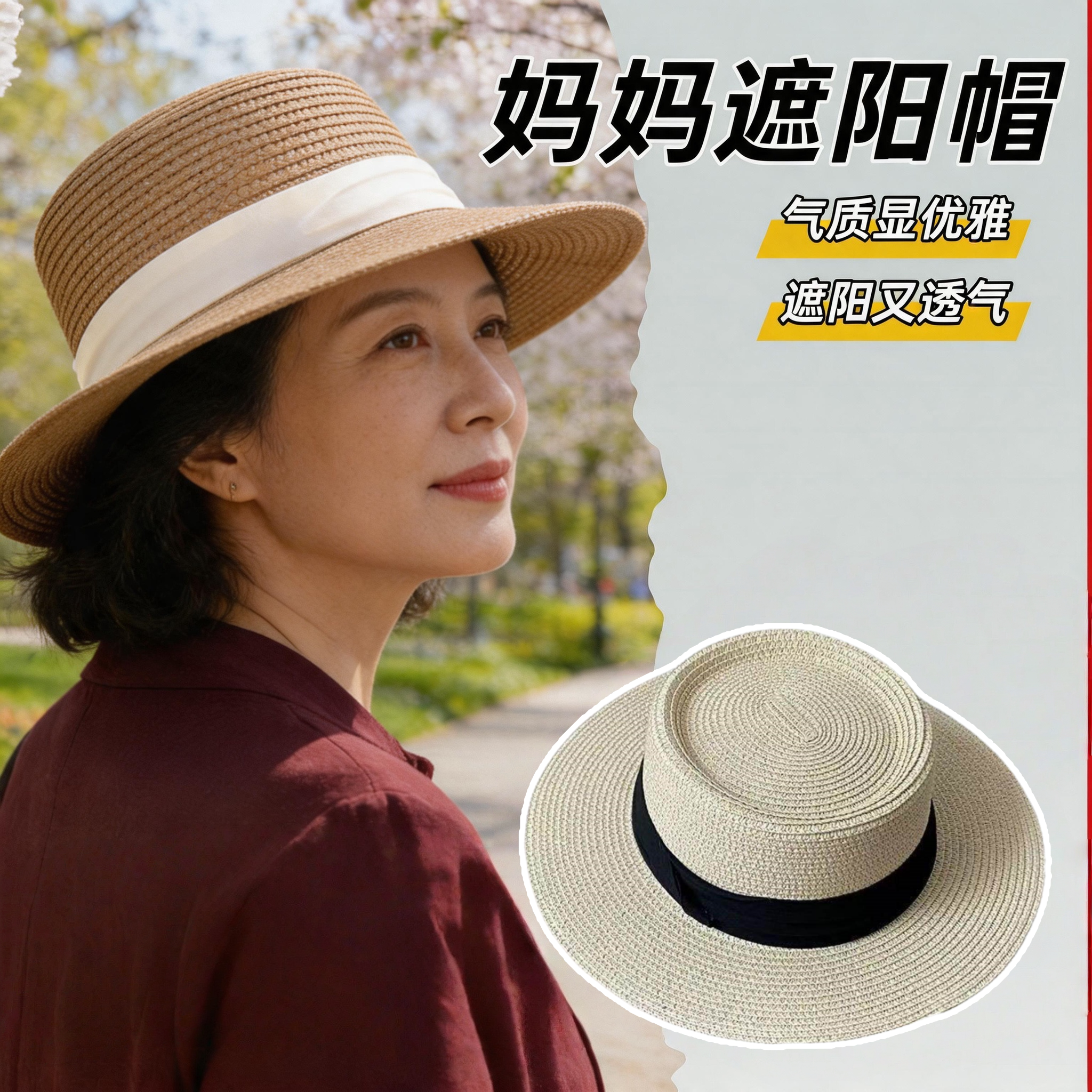 法式平顶草帽中老年人太阳帽帽子薄款防晒妈妈盆帽遮阳帽夏天透气
