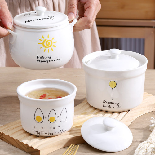 耐高温陶瓷双耳带盖食品级蒸蛋碗