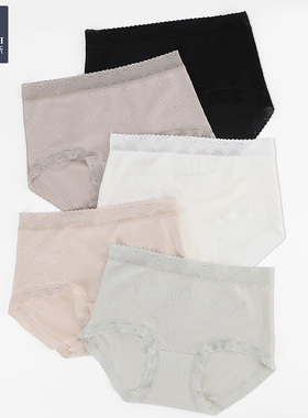 韩玛斯棉莫提花女士内裤棉裆透气三角裤中高腰蕾丝边短裤H22140