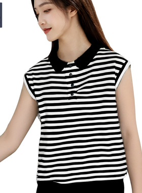 韩玛斯女士针织背心Polo翻领条纹无袖衫薄款坎肩内搭上衣夏H82416