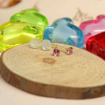 日本制 2-4mm天然粉色碧玺4爪10K/18K耳钉