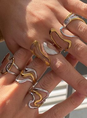 欧美不锈钢个性设计蛇形不规则曲线几何弧形不掉色开口戒指