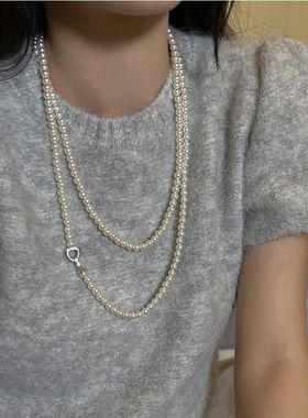 微镶爱心扣超长款珍珠项链时尚气质网红轻奢高级感毛衣链饰品