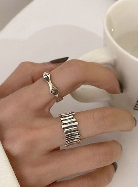 s925纯银泰银复古笑脸戒指女波浪栅栏指环食指戒小众设计简约时尚