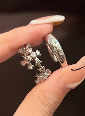 爆款网红 银色鸢尾花锆石十字架开口戒指女小众设计
