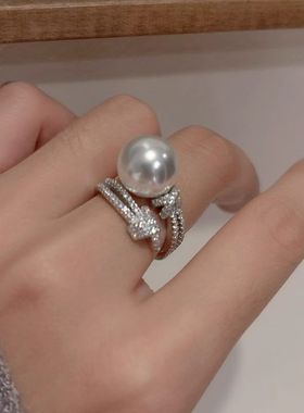 s925银重工满钻缠绕澳白单颗珍珠戒指女贵气感高级轻奢风开口指环