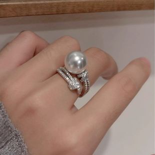 s925银重工满钻缠绕澳白单颗珍珠戒指女贵气感高级轻奢风开口指环