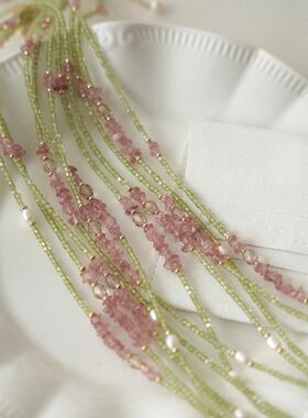 天然淡水珍珠国风新中式小方糖橄榄石粉水晶珍珠锁骨项链文艺女