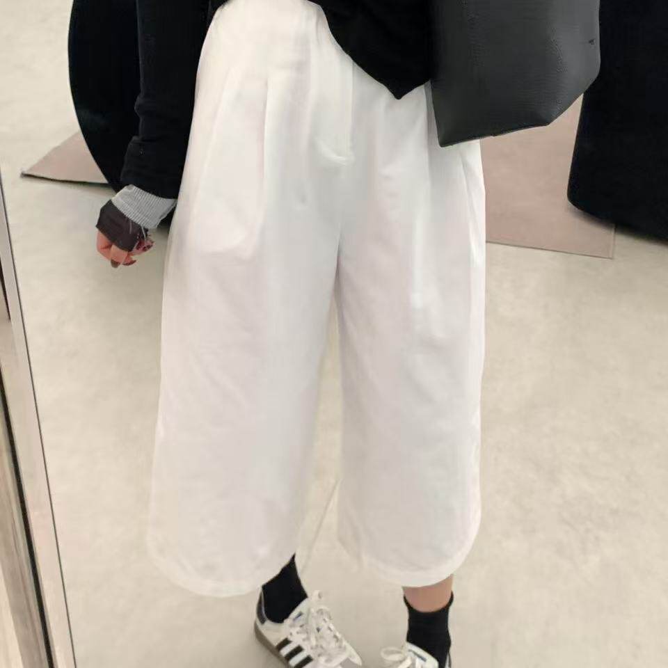 春夏纯棉休闲裤女小个子直筒阔腿裤显瘦显高黑白色薄款八分裤水洗