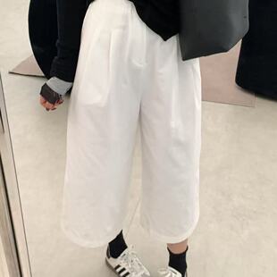 秋季纯棉休闲裤女小个子直筒阔腿裤显瘦显高黑白色薄款八分裤水洗