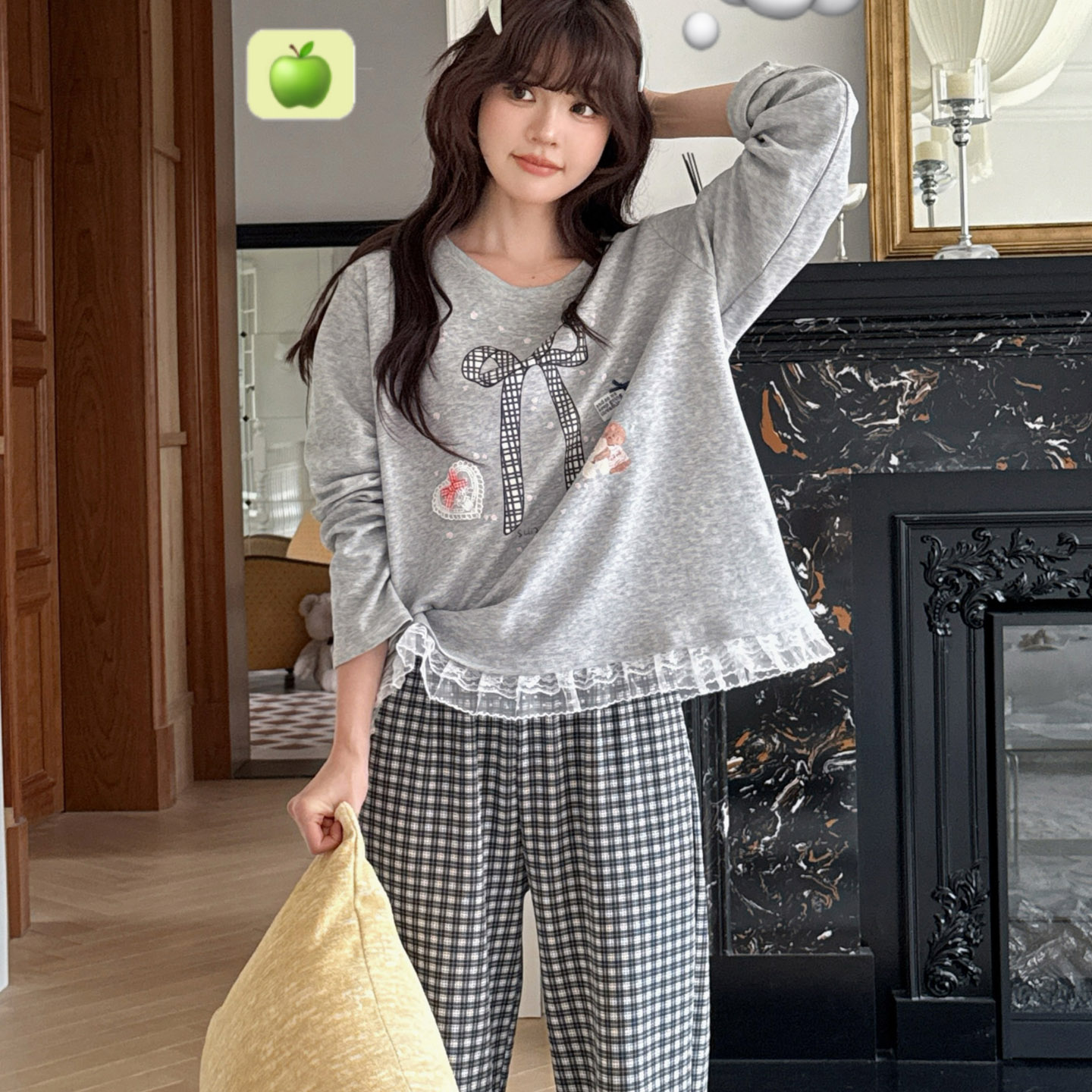 小熊家睡衣女款秋季甜美格子蝴蝶