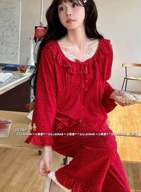 Gill Aimar小熊家睡衣女款甜美薄款长袖长裤红色本命年家居服套装