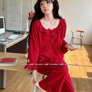 Aimar小熊家睡衣女款 红色本命年家居服套装 甜美薄款 长裤 长袖 Gill