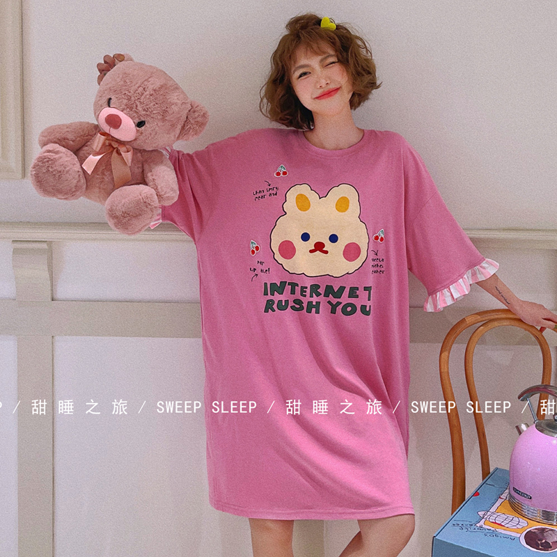 sweetsleep甜睡之旅睡衣裙夏季短袖睡裙可爱卡通花边兔子家居服女