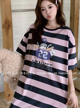 潘多拉女孩甜美宽条纹睡裙夏季短袖纯棉宽松大码家居服睡衣 26010