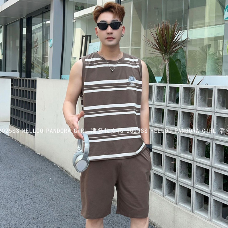 潘多拉女孩男士纯棉无袖条纹睡衣