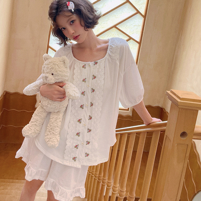gillaimar小熊睡衣家居服夏季短袖短裤甜美花边居家服可外穿套装