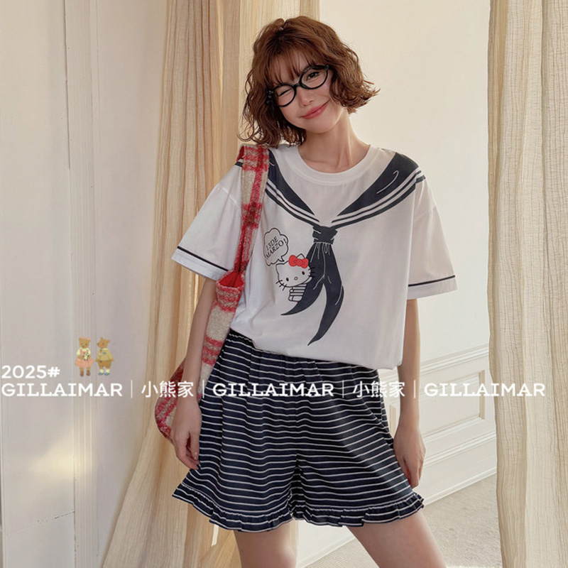 小熊家睡衣女士衣服夏季短袖可爱卡通条纹水手KT家居服套装可外穿
