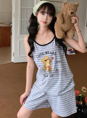 潘多拉女孩条纹吊带短裤睡衣女夏季清爽薄款纯棉家居服套装 25197