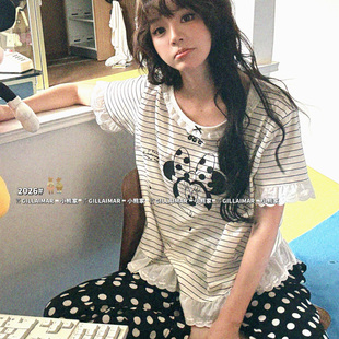 Gill Aimar小熊家睡衣女短袖长裤家居服套装条纹米妮2026夏季新款