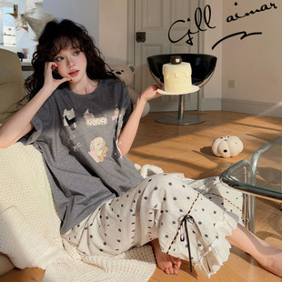 Gill Aimar小熊家家居服夏季 甜美蕾丝花边蝴蝶结宠物小狗睡衣套装