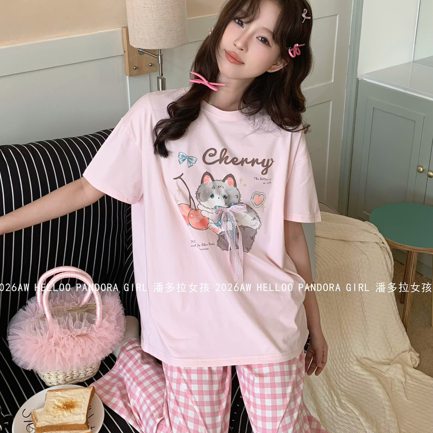 潘多拉女孩夏季短袖薄款纯棉睡衣樱桃小猫格子裤家居服套装 26060