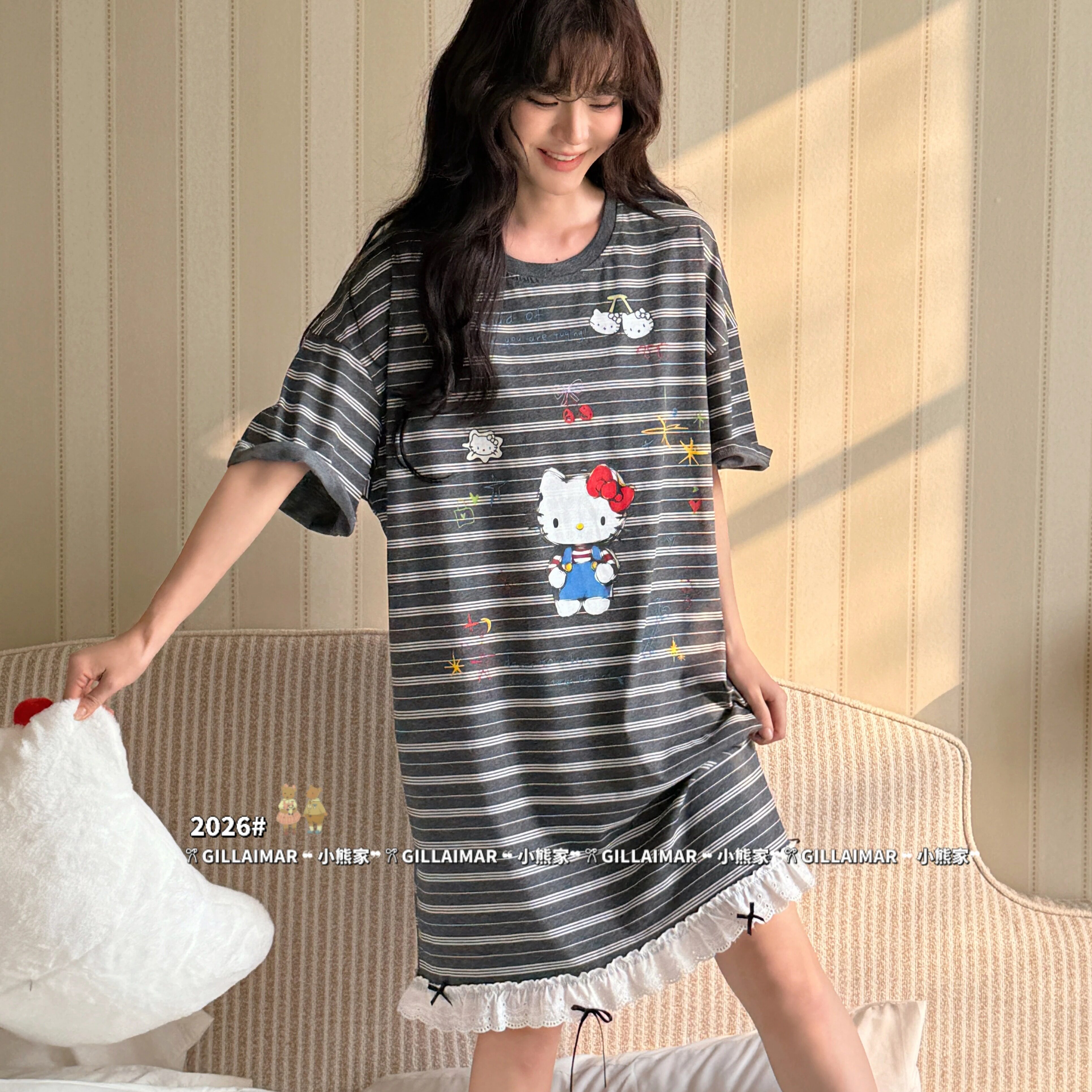 Gill Aimar小熊家条纹睡裙女夏季短袖花边蝴蝶结KT家居服睡衣8576