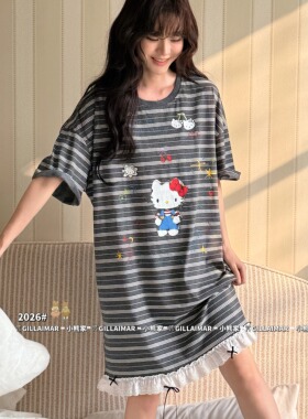 Gill Aimar小熊家条纹睡裙女夏季短袖花边蝴蝶结KT家居服睡衣8576