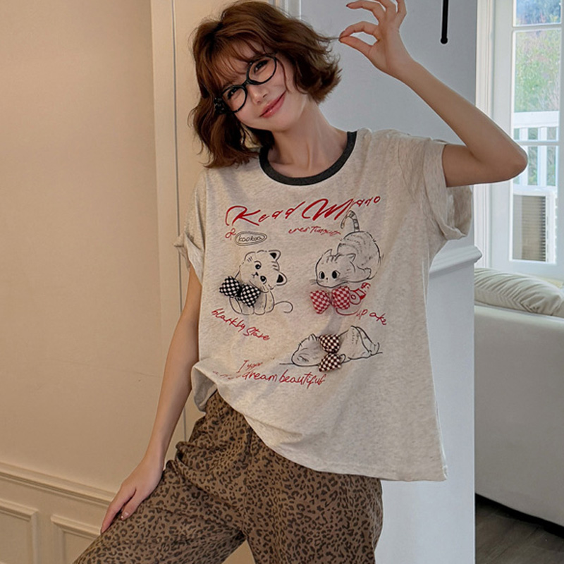 小熊家女双面棉蝴蝶结猫花边睡衣