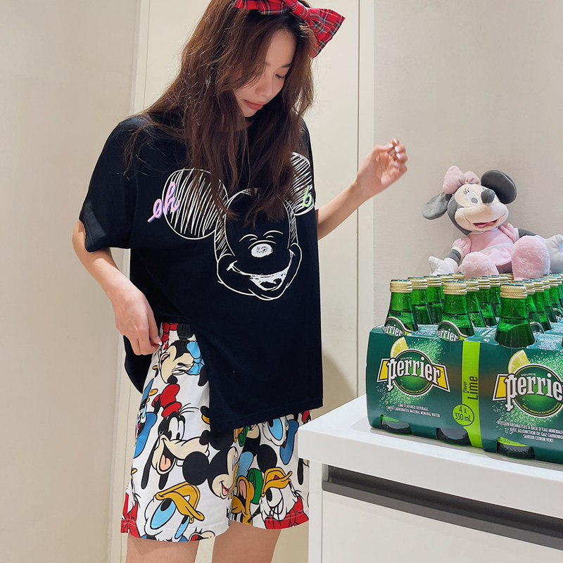 3小熊家家居服女士夏季短袖短裤可爱卡通手绘线条米奇纯棉睡衣套装