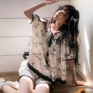 家居服套装 Gill 甜美流苏花边水墨画短裤 Aimar小熊家夏季 睡衣女款