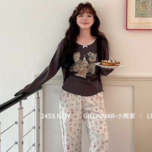 gill aimar睡衣女秋季新品长袖可爱卡通小狗花边小熊家家居服套装
