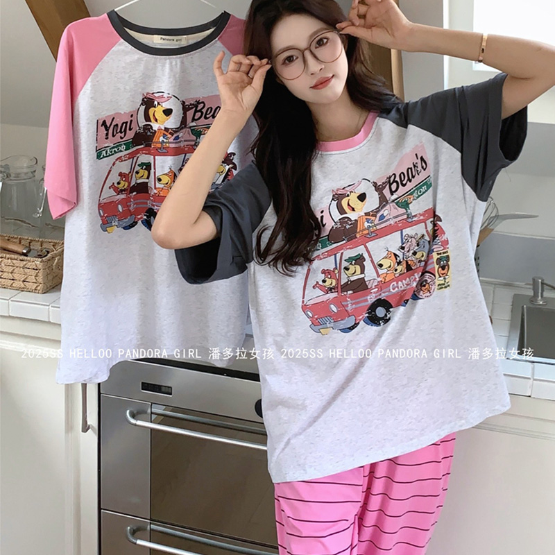 潘多拉女孩家纯棉卡通条纹家居服