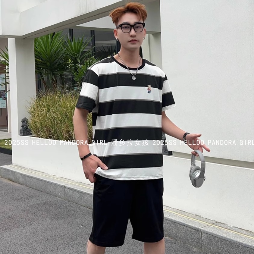 男士纯棉短裤睡衣套装夏季新款条纹短袖宽松家居服6630潘多拉女孩