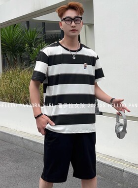 男士纯棉短裤睡衣套装夏季新款条纹短袖宽松家居服6630潘多拉女孩
