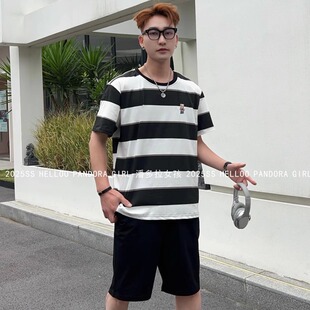 纯棉短裤 条纹短袖 睡衣套装 新款 宽松家居服6630潘多拉女孩 夏季 男士