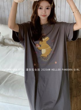 潘多拉女孩卡通兔子睡裙夏季短袖纯棉宽松加大码家居服睡衣 26032
