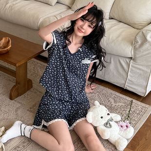 Aimar小熊家夏季 甜美花边小碎花短袖 Gill 睡衣女款 短裤 家居服套装