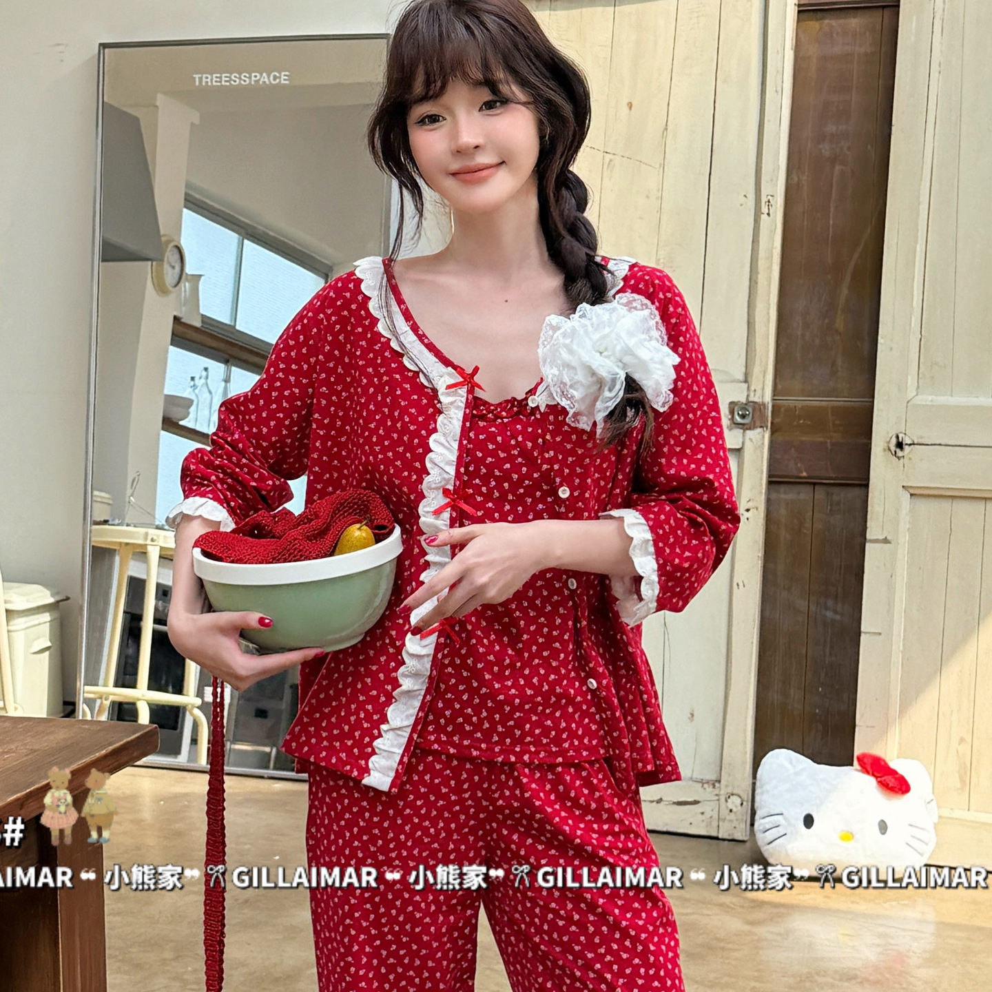 Gill Aimar小熊家睡衣女2026春季新年款红色三件套棉质家居服套装
