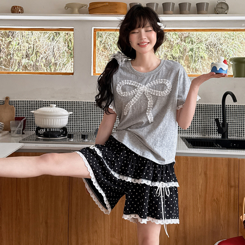 小熊家睡衣女款2025新款夏短袖甜美蝴蝶结点点花边裙裤家居服套装