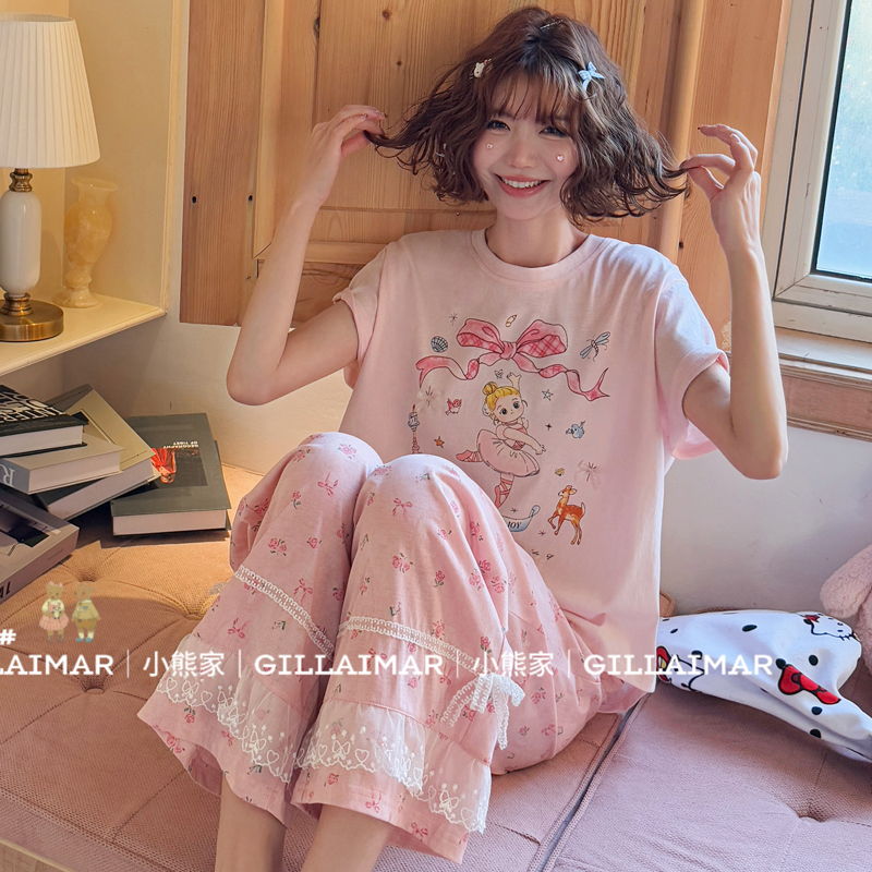 小熊家家居服夏季卡通蝴蝶结芭蕾女孩甜美蕾丝花边碎花睡衣套装女