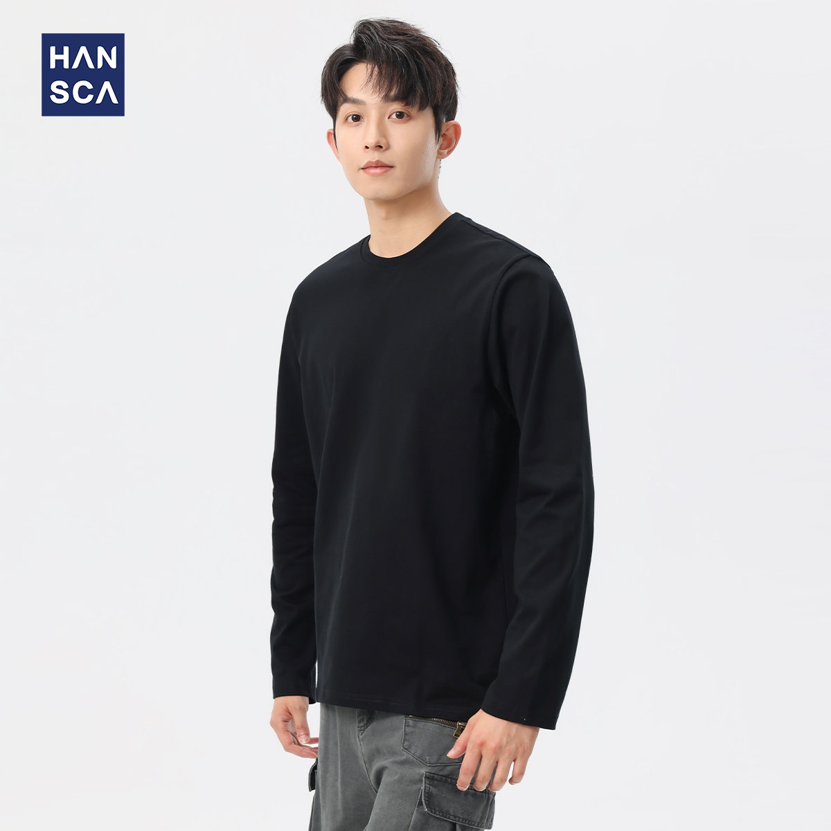 hansca黑色纯棉长袖t恤微落肩
