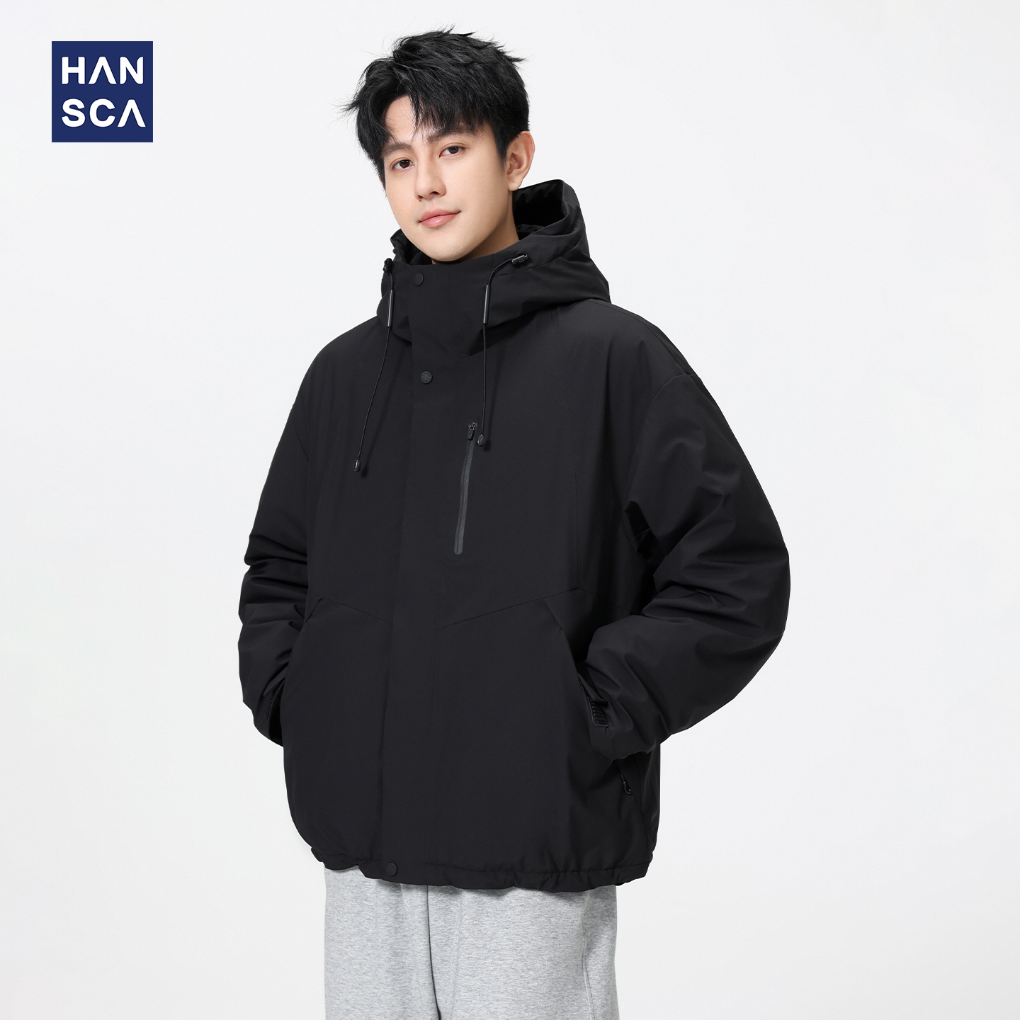 hansca90白鹅绒黑色连帽羽绒服男