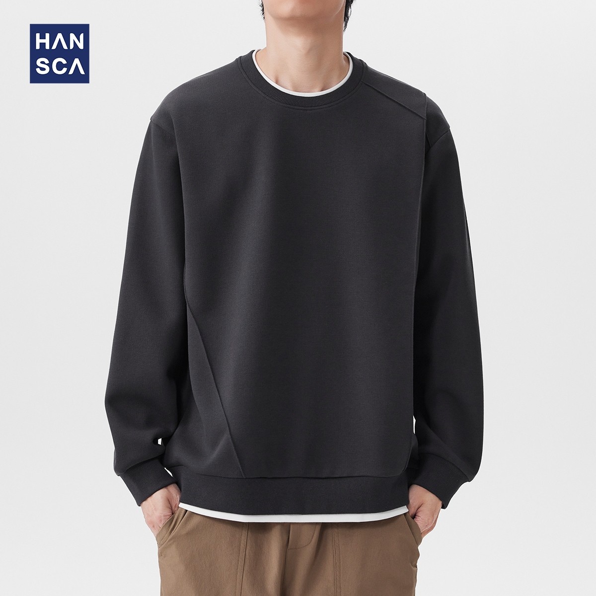 hansca重磅320g秋季圆领卫衣男宽松新款假两件保暖套头休闲上衣服,男装,卫衣,淘宝优惠券,粉丝福利购,淘宝优惠卷