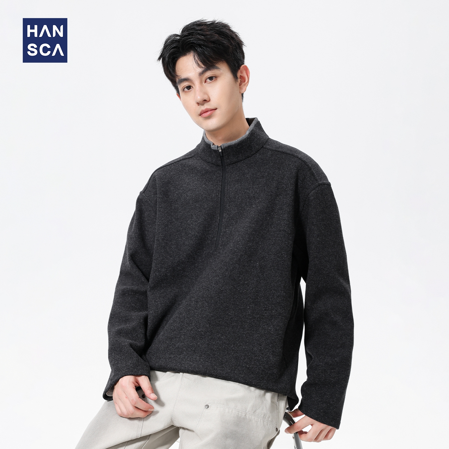 hansca410g半拉链宽松长袖t恤男