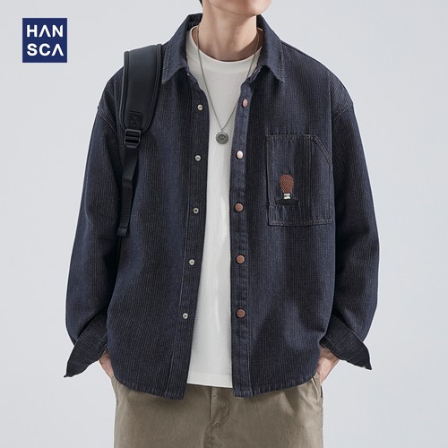 hansca长袖牛仔衬衫男2026春季日系水洗覆古潮牌痞帅工装衬衣外套